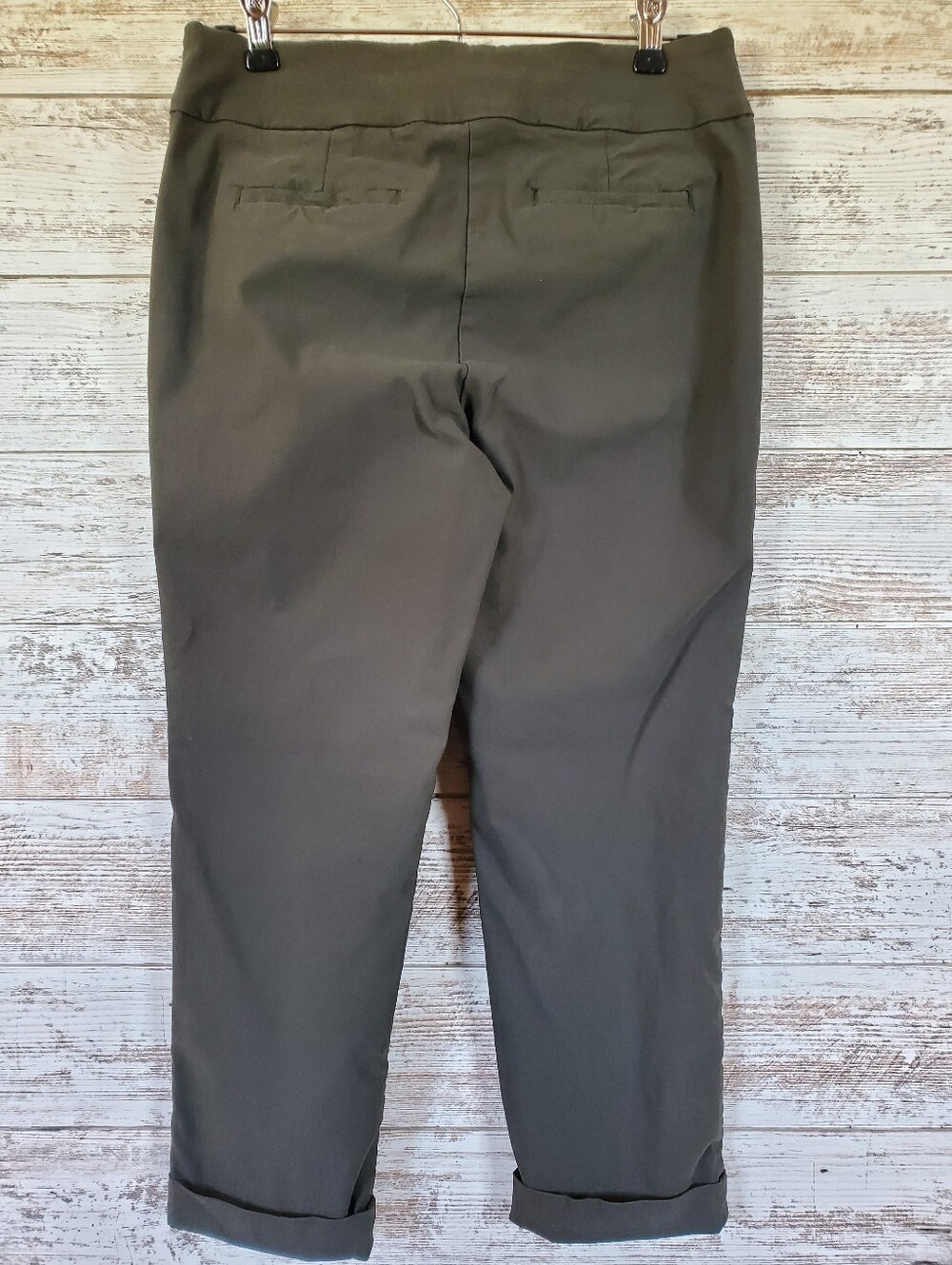 Tribal Olive Green Stretch Pull On Straight Leg Cuffed Ankle Dress Pants Cropped - Picture 3 of 13
